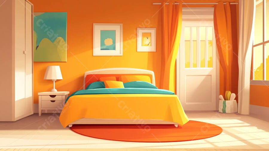 Quarto aconchegante estilo moderno cores laranja e amarelo