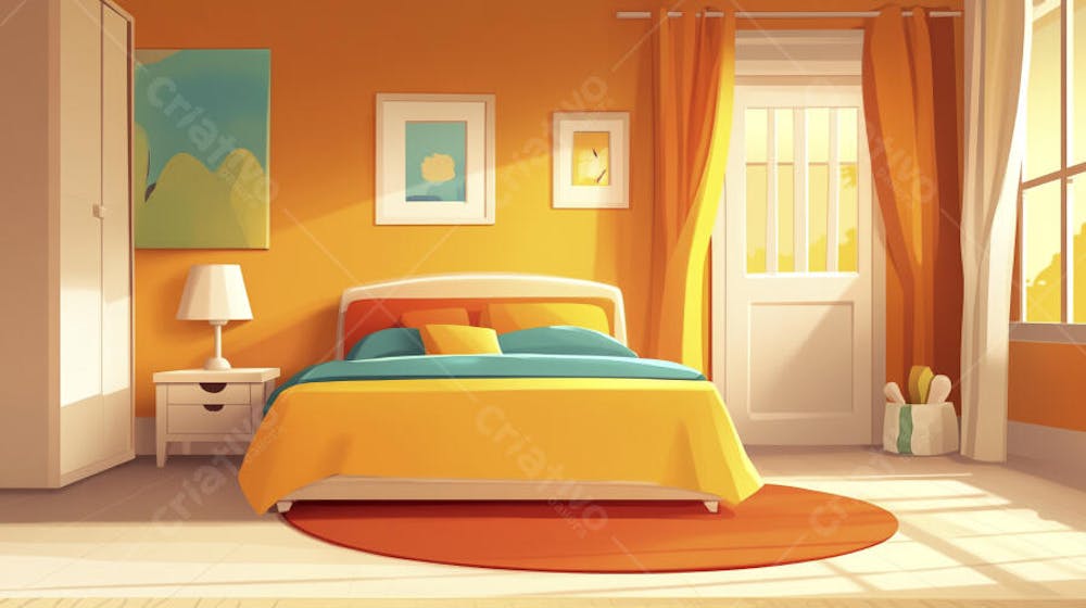 Ilustração Digital de Quarto Aconchegante com Cama de Casal, Iluminação Natural e Plantas Decorativas