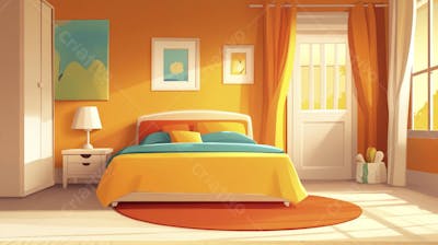 Ilustração Digital de Quarto Aconchegante com Cama de Casal, Iluminação Natural e Plantas Decorativas