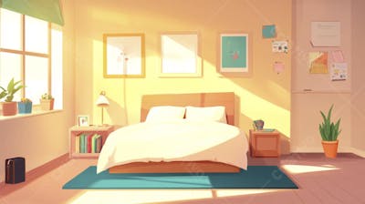 Ilustração Digital de Quarto Aconchegante com Cama de Casal, Iluminação Natural e Plantas Decorativas