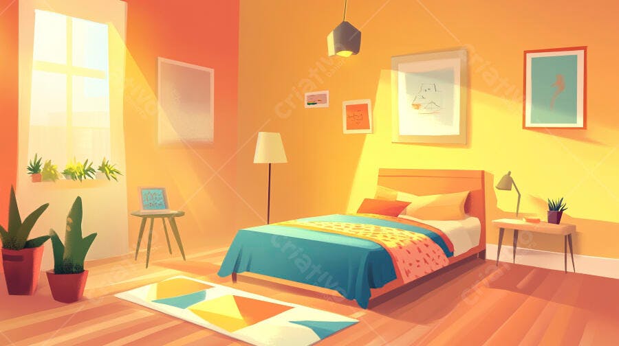 Quarto aconchegante com cama azul e sol da manhã