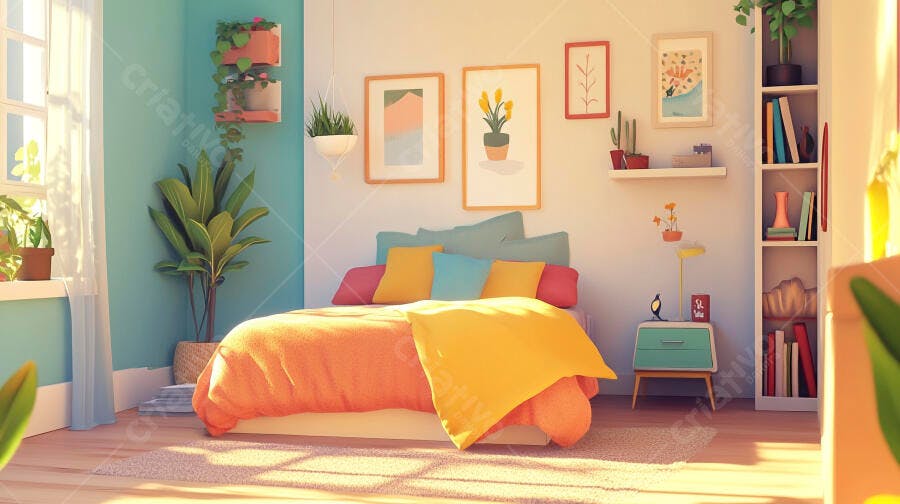 Quarto aconchegante com decoração colorida