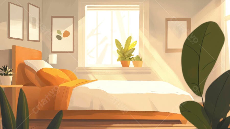 Quarto aconchegante com cama laranja e luz solar