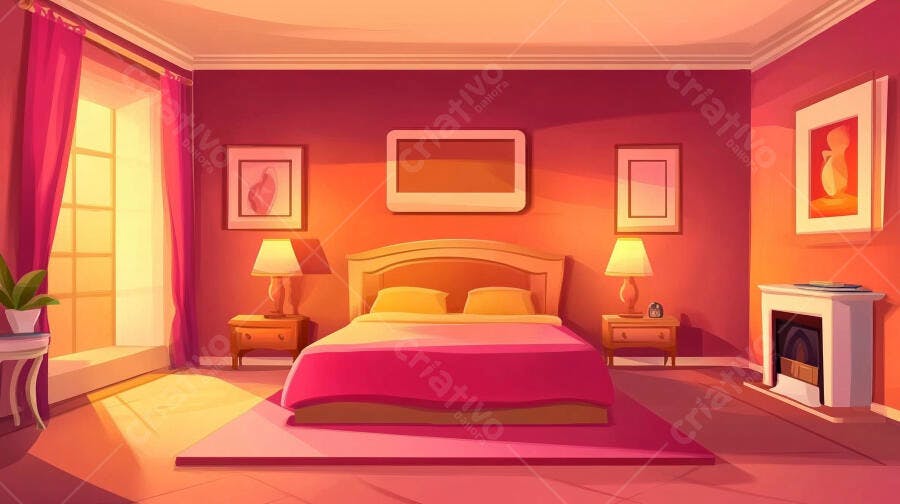 Quarto aconchegante tons rosados ao amanhecer