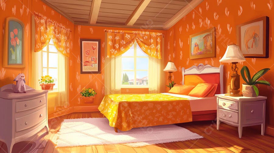 Quarto aconchegante tons laranja e amarelo
