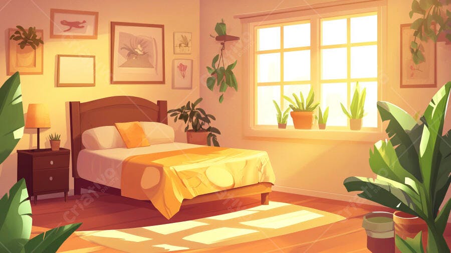 Quarto aconchegante com plantas e luz solar