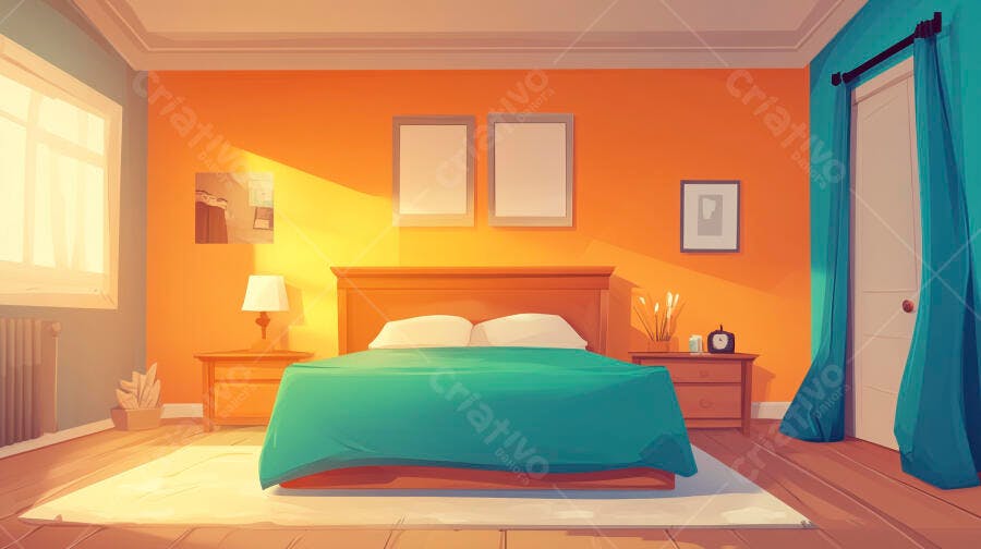 Quarto aconchegante estilo moderno cores laranja e turquesa