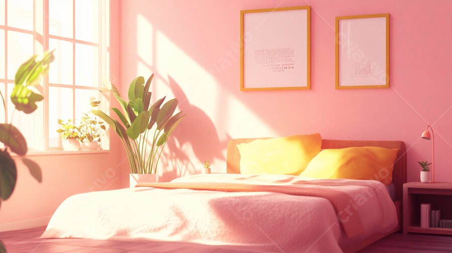 Quarto rosa com cama e plantas em dia ensolarado