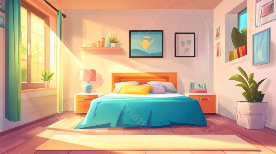Quarto aconchegante com cama azul e luz solar