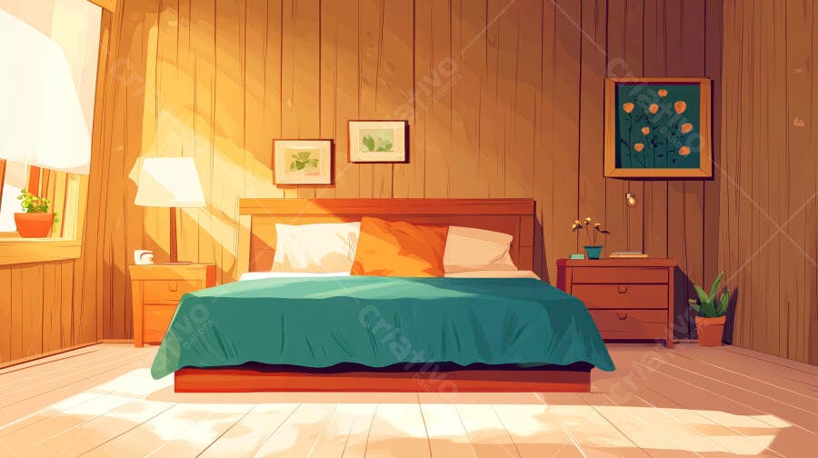 Quarto aconchegante com cama verde e luz solar