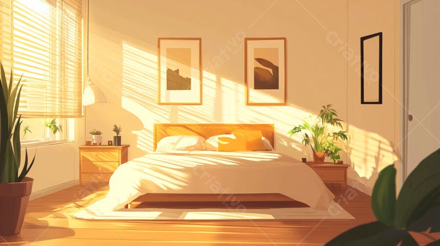 Quarto aconchegante com luz solar matinal