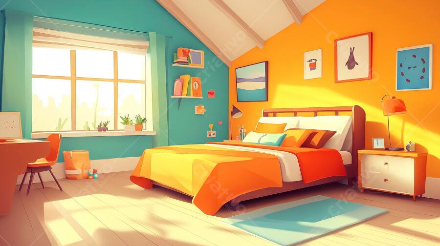 Quarto infantil decorado em tons laranja e azul