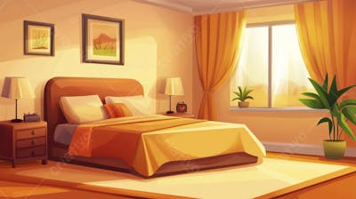 Ilustração Digital de Quarto Aconchegante com Cama de Casal, Iluminação Natural e Plantas Decorativas