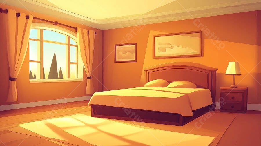 Quarto aconchegante com cama de casal ao amanhecer
