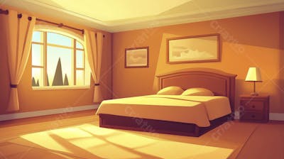 Ilustração Digital de Quarto Aconchegante com Cama de Casal, Iluminação Natural e Plantas Decorativas