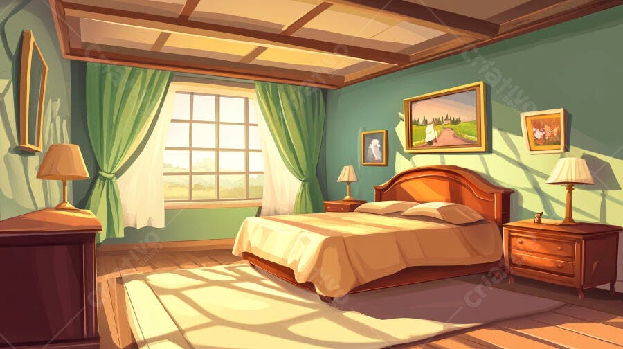 Quarto aconchegante com cama de madeira e luz solar