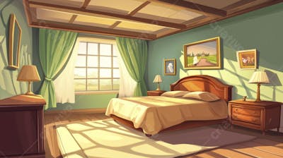 Ilustração Digital de Quarto Aconchegante com Cama de Casal, Iluminação Natural e Plantas Decorativas