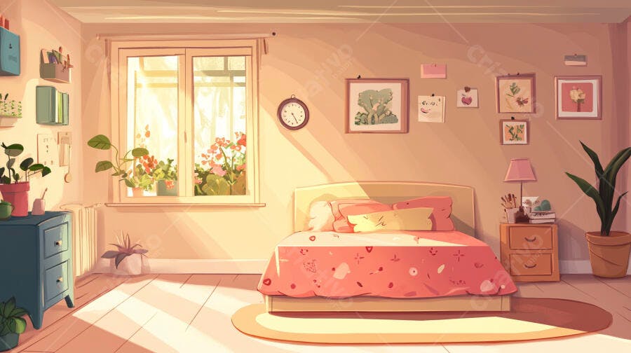 Quarto aconchegante com cama rosa e luz solar