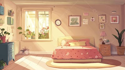 Ilustração Digital de Quarto Aconchegante com Cama de Casal, Iluminação Natural e Plantas Decorativas