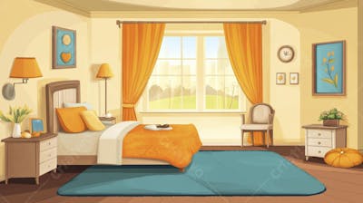 Ilustração Digital de Quarto Aconchegante com Cama de Casal, Iluminação Natural e Plantas Decorativas