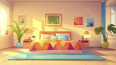 Ilustração Digital de Quarto Aconchegante com Cama de Casal, Iluminação Natural e Plantas Decorativas
