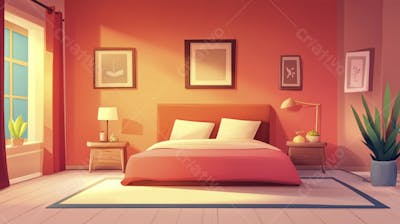 Ilustração Digital de Quarto Aconchegante com Cama de Casal, Iluminação Natural e Plantas Decorativas