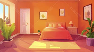 Ilustração Digital de Quarto Aconchegante com Cama de Casal, Iluminação Natural e Plantas Decorativas