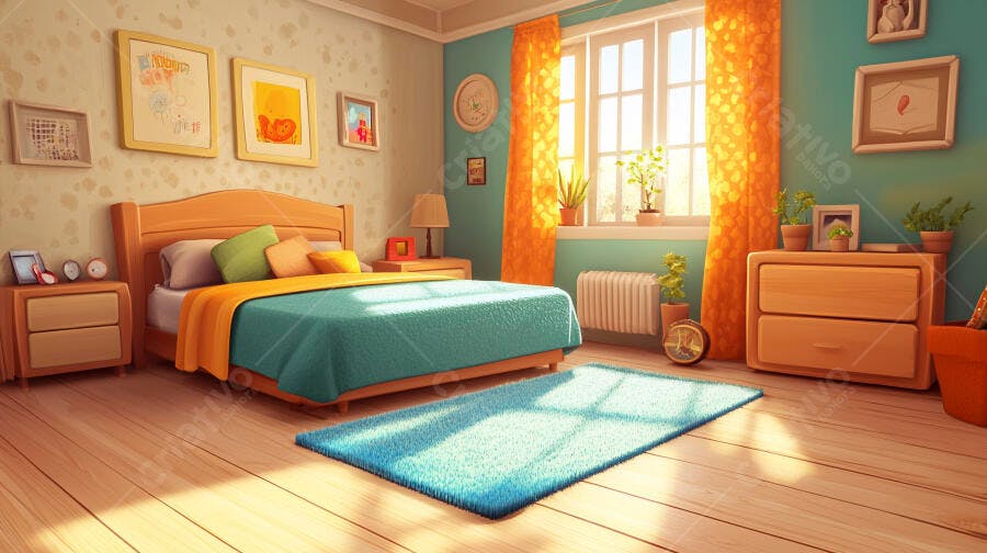 Quarto aconchegante estilo retrô manhã ensolarada