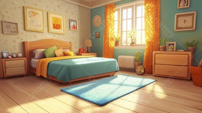 Ilustração Digital de Quarto Aconchegante com Cama de Casal, Iluminação Natural e Plantas Decorativas