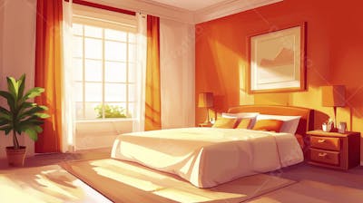 Ilustração Digital de Quarto Aconchegante com Cama de Casal, Iluminação Natural e Plantas Decorativas