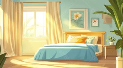 Ilustração Digital de Quarto Aconchegante com Cama de Casal, Iluminação Natural e Plantas Decorativas