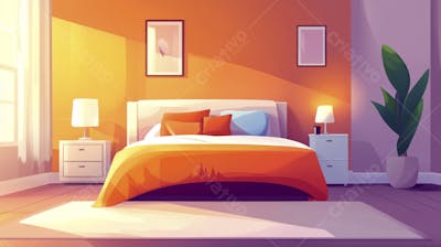 Ilustração Digital de Quarto Aconchegante com Cama de Casal, Iluminação Natural e Plantas Decorativas