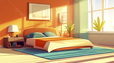 Ilustração Digital de Quarto Aconchegante com Cama de Casal, Iluminação Natural e Plantas Decorativas