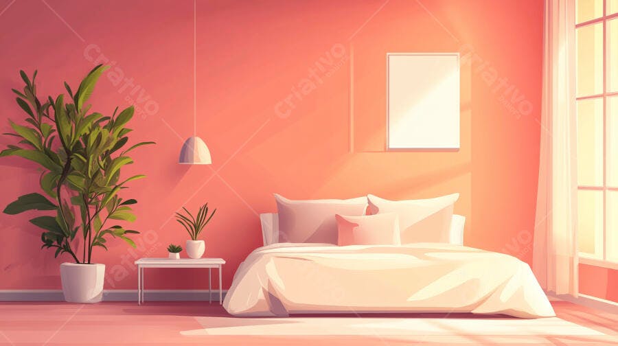 Quarto aconchegante cor coral com cama e plantas