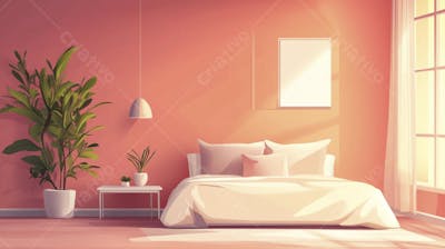 Ilustração Digital de Quarto Aconchegante com Cama de Casal, Iluminação Natural e Plantas Decorativas