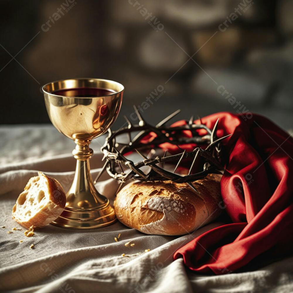Pão Cálice Coroa de Espinhos e Manto Vermelho Simbolizando a Santa Ceia