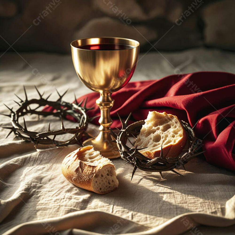 Pão Cálice Coroa de Espinhos e Manto Vermelho Simbolizando a Santa Ceia