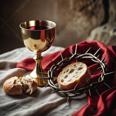 Pão Cálice Coroa de Espinhos e Manto Vermelho Simbolizando a Santa Ceia