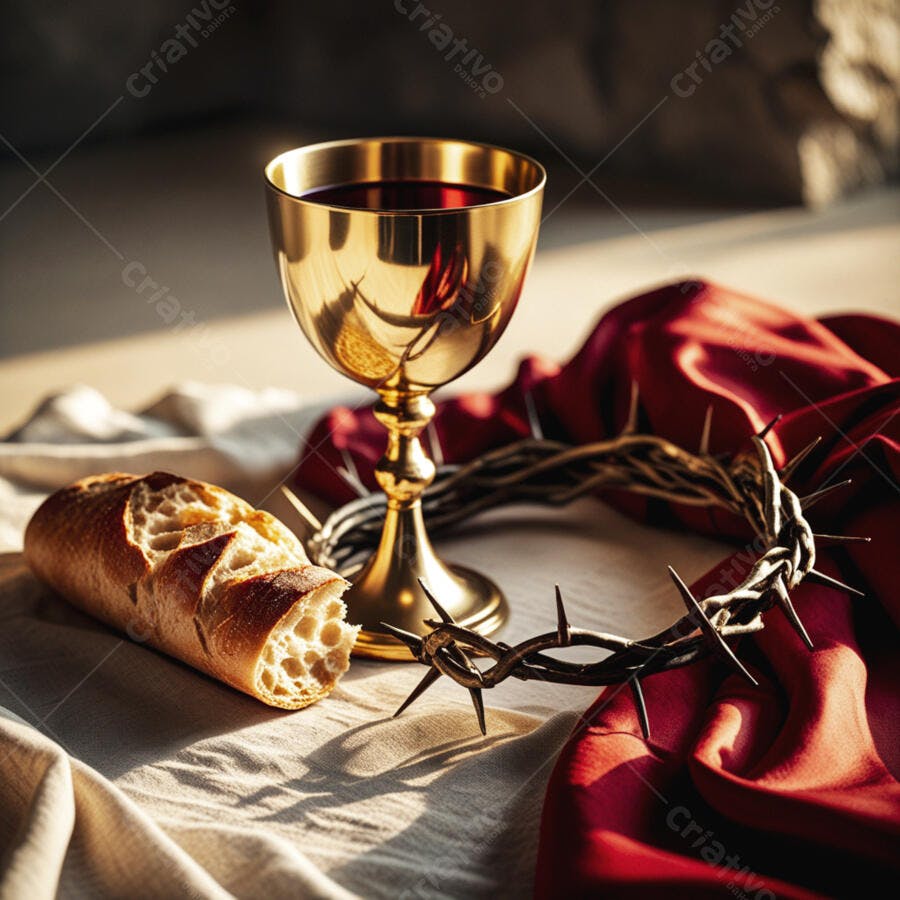 Cálice dourado vinho pão coroa espinhos