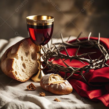 Pão Cálice Coroa de Espinhos e Manto Vermelho Simbolizando a Santa Ceia