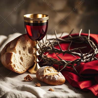 Pão Cálice Coroa de Espinhos e Manto Vermelho Simbolizando a Santa Ceia