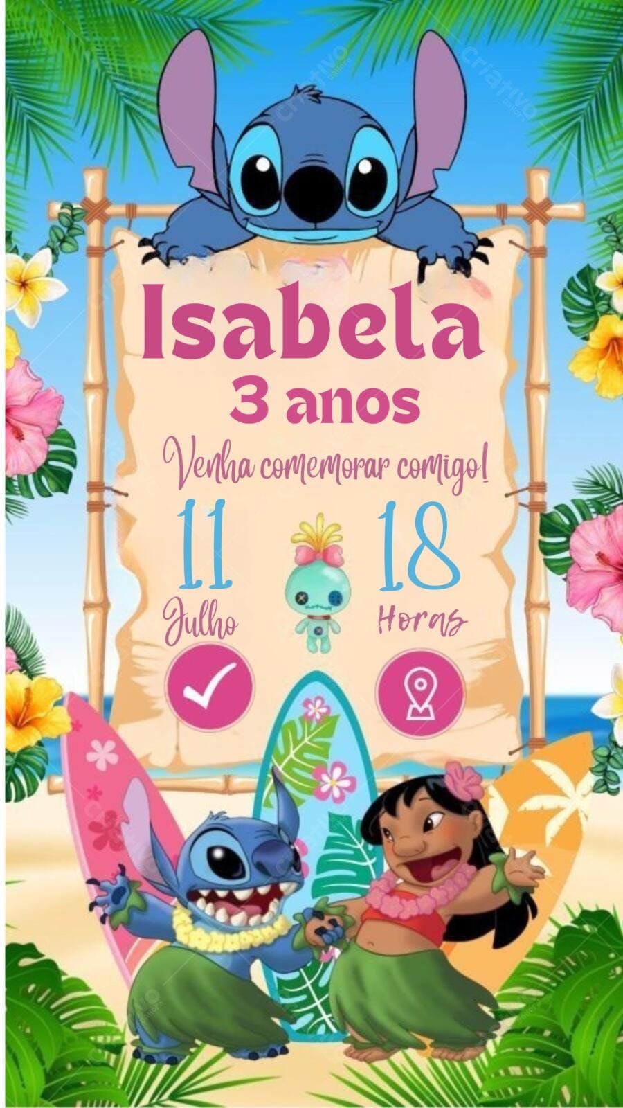 Convite de Aniversário Infantil Stitch e Lilo Havaiano Editável no Canva