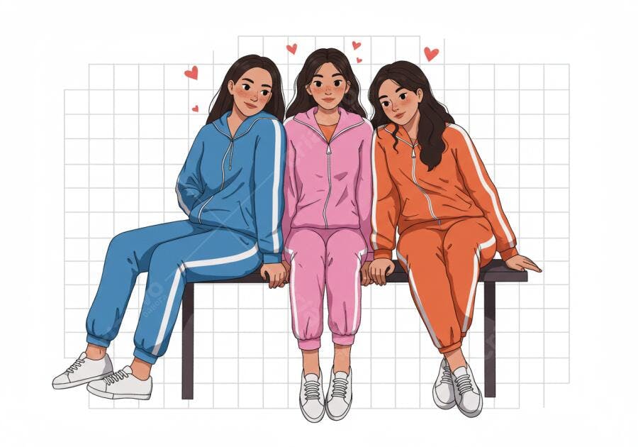 Três amigas sentadas em banco azul rosa e laranja