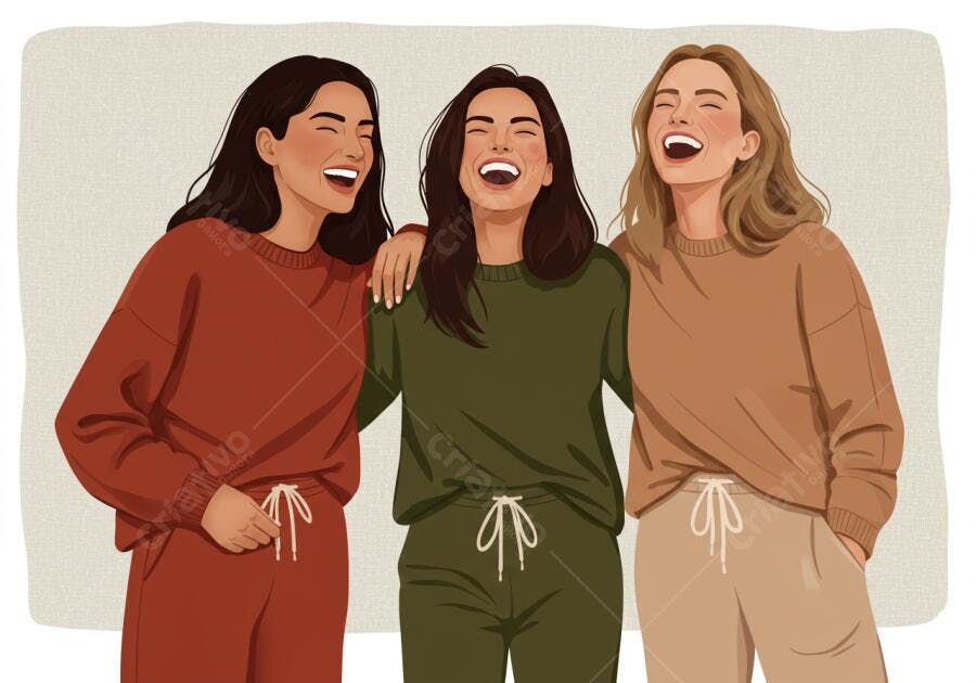 Amigas rindo juntas em roupas casuais