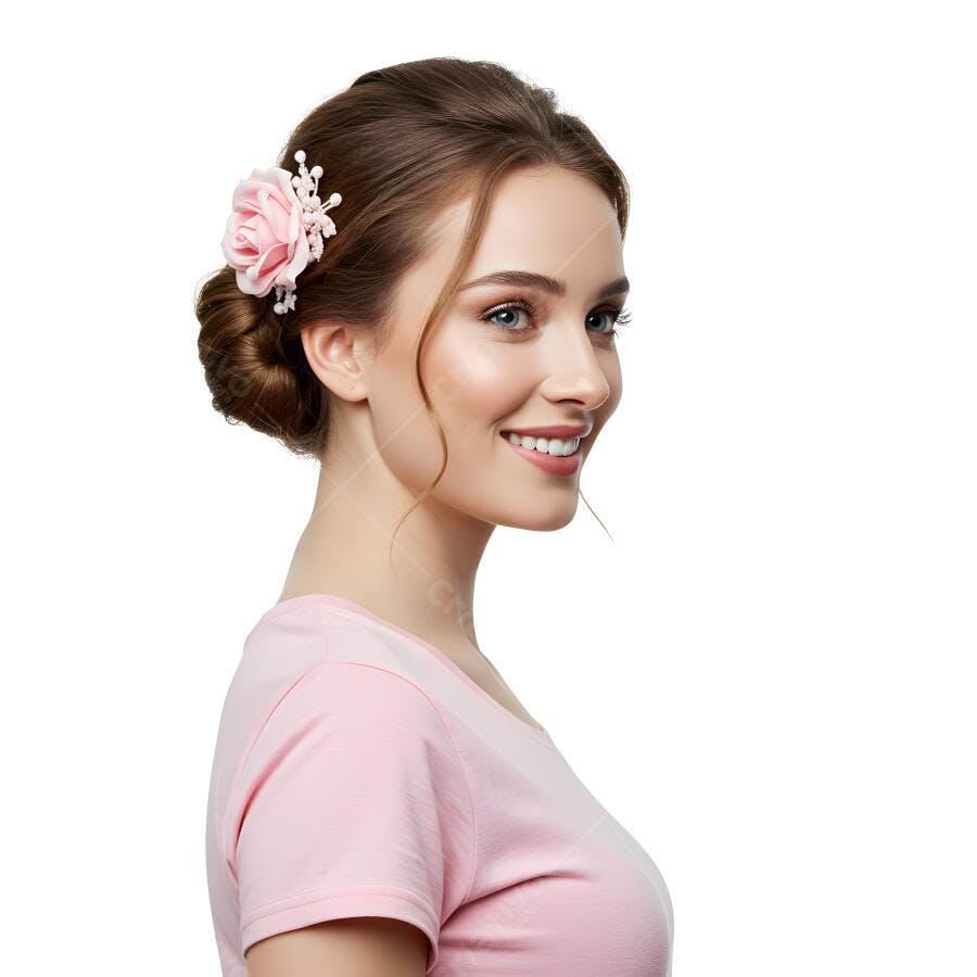 Mulher sorridente com acessório de flor rosa