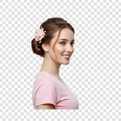 PNG Mulher de camiseta rosa feliz com feliz de várias rosas na cor rosas no cabelo