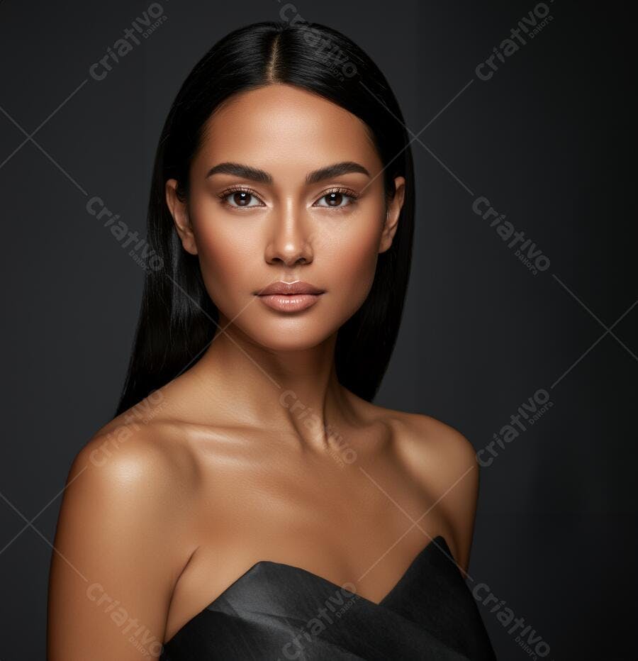 Modelo com pele bronzeada e cabelo preto em vestido preto
