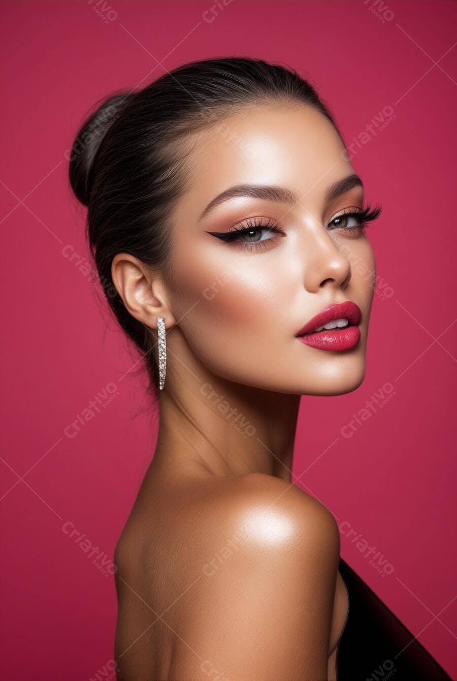 Modelo com maquiagem e brincos rosa
