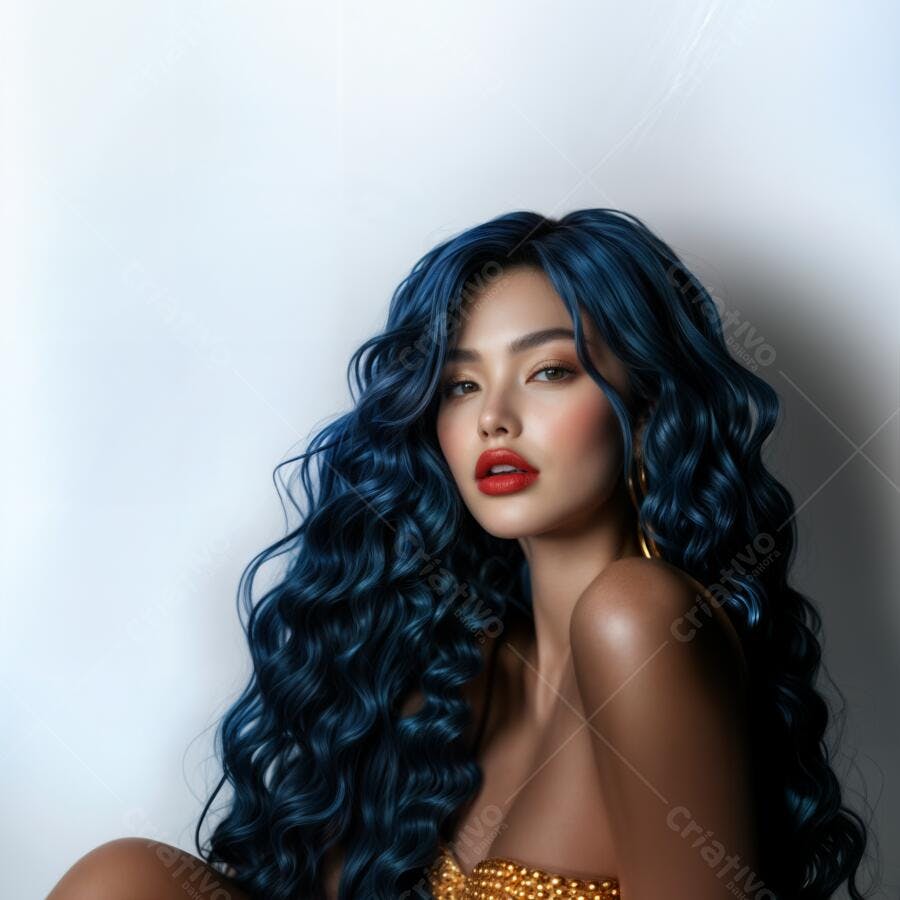 Modelo com cabelo azul escuro cacheado
