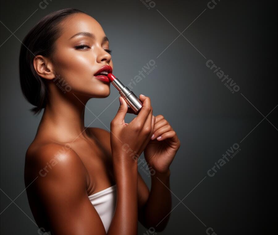 Modelo negra aplicando batom vermelho